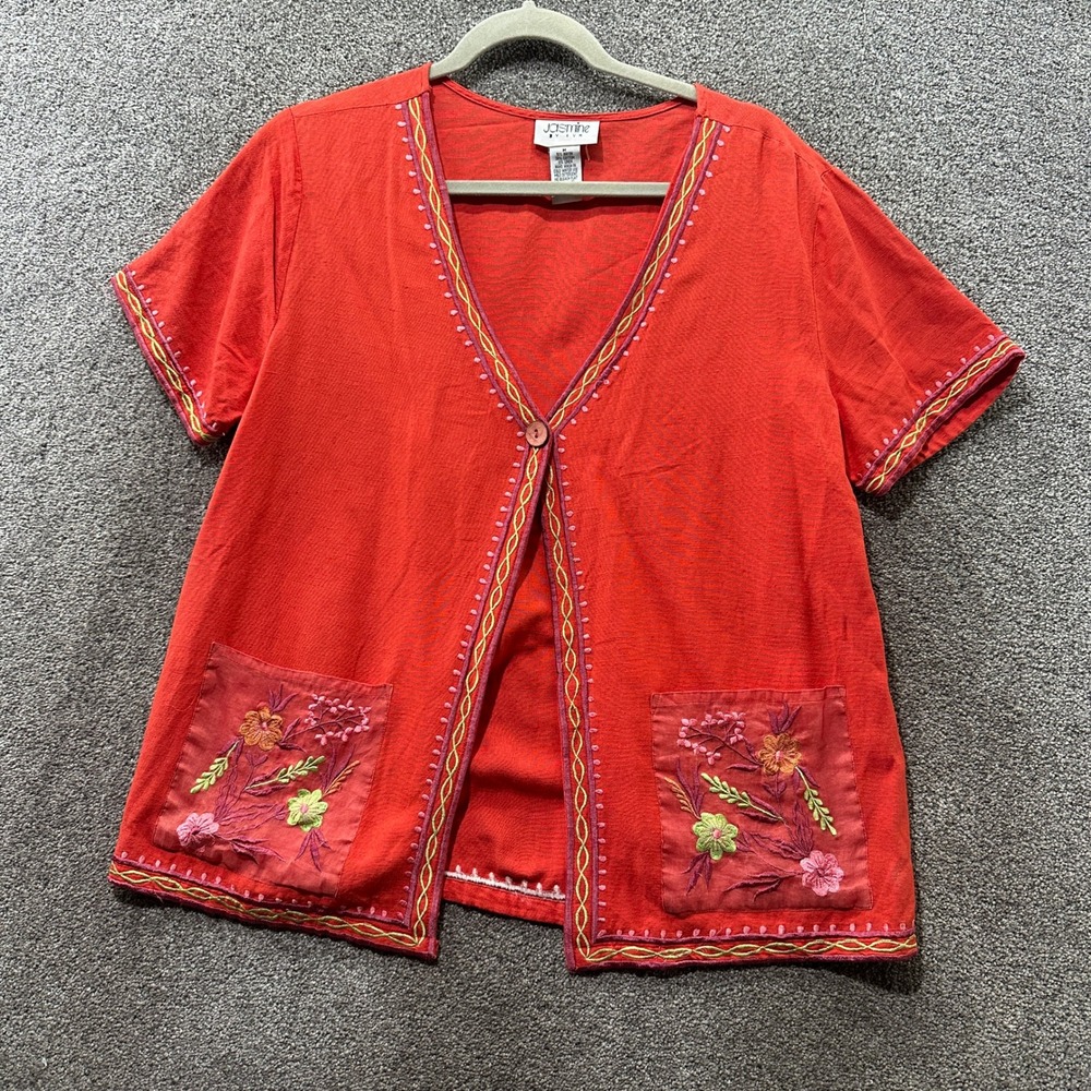 Jasmine by KVM Cardigan Sweater Women M Linen Blend Embroidered Floral Artsy